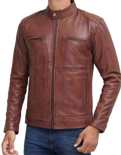 Dodge Mens Cognac Cafe Racer Leather Jacket
