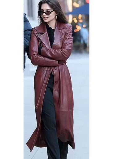 Emily Ratajkowski Red Leather Coat