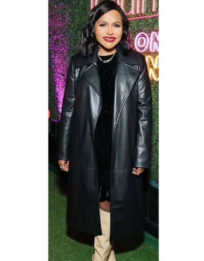 Mindy Kaling black leather coat