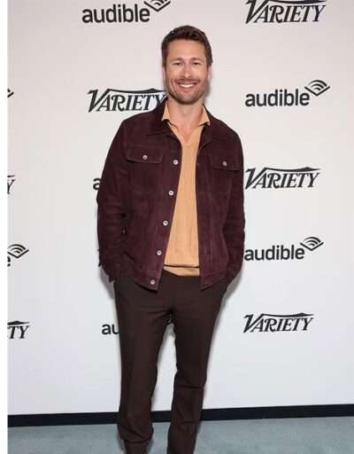 Glen Powell Sundance Film Festival Brown Suede Jacket