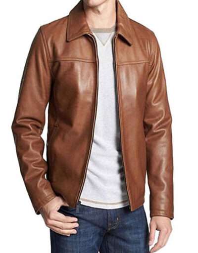 Mens Brown Casual Shirt Collar Leather Jacket
