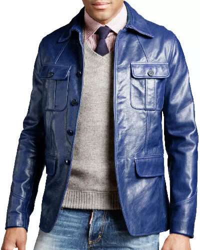 Men's Genuine Lambskin Blue Blazer Button Real Leather Coat